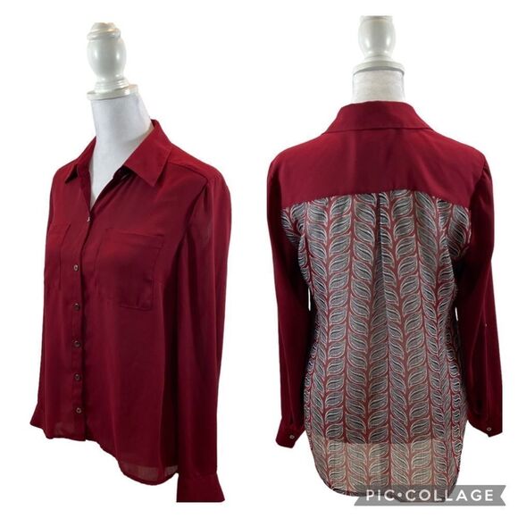 Alfani Sheer Burgundy Button Down Top Printed Back Panel Size 4P - Picture 1 of 10